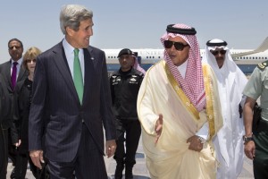 U.S. Secretary of State John Kerry, left, is greeted by Saudi Foreign Minister Prince Saud al-Faisal upon arrival in Jeddah, Saudi Arabia.  (AP Photo/Jacquelyn Martin, Pool, File)